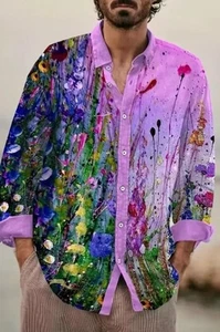 Button Up Shirt Splash Art Flowers Dress Casual Fashion Purple Pink Party Floral - Picture 1 of 9