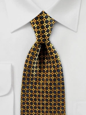 JZ Richards 100% Silk Tie Gold Ochre Navy Blue Micro Diamond Medallion Necktie - Image 1 of 4