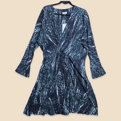 City Chic Refinity Dress Womens Plus Size 14 Green Abstract Twist Front Midi NEW - Image 1 of 4