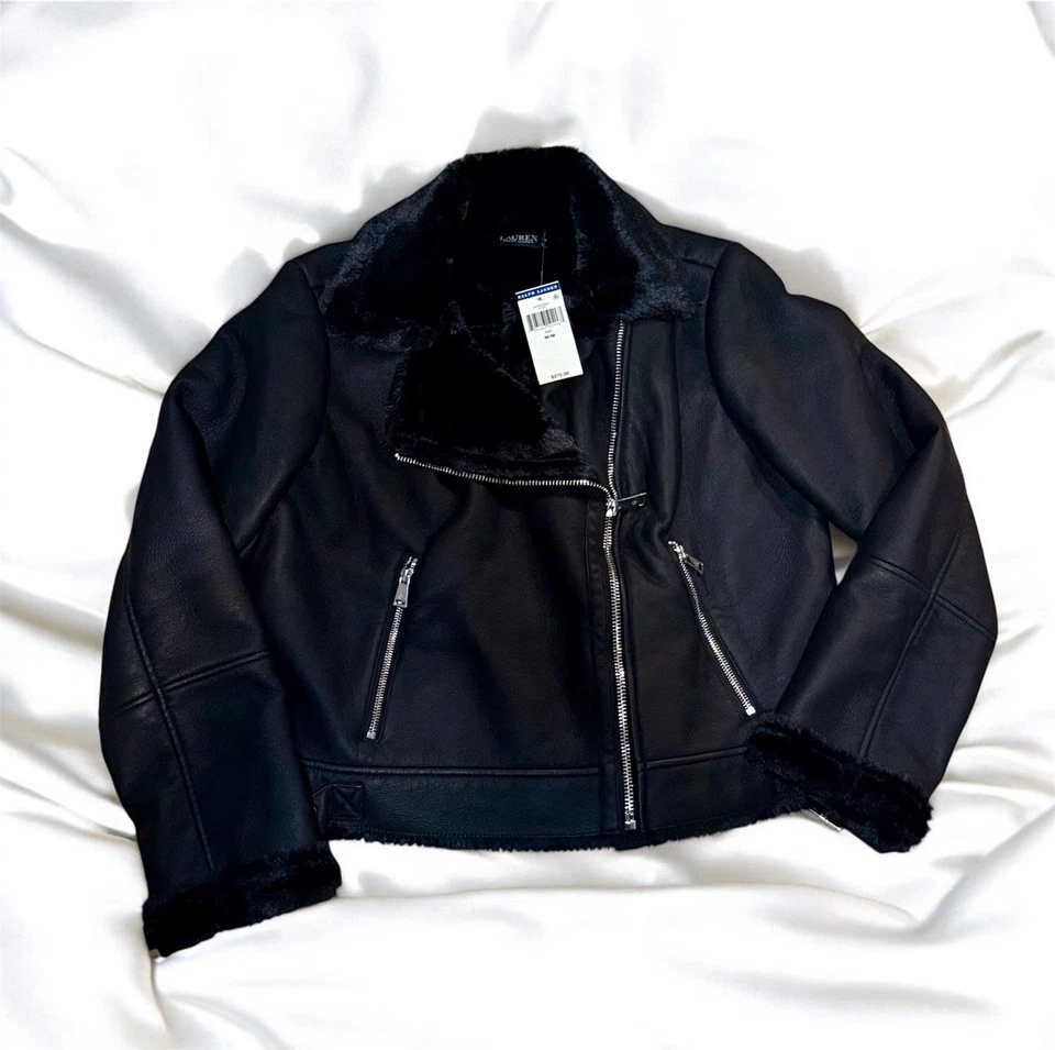 女士 Lauren Ralph Lauren 女式仿纳帕皮革机车夹克。 — 第 1/4 张图片