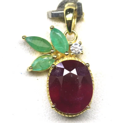 Heizbar 9 X 11 Mm. Roter Rubin, Smaragd & Zirkonia Anhänger 925 Sterlingsilber - Bild 1 von 4
