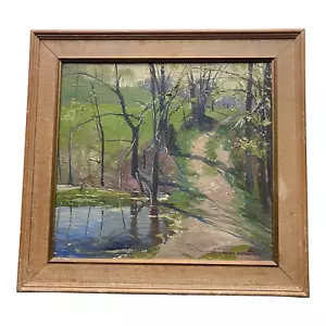 Dipinto olio su tela con cornice paesaggio laghetto bosco americano di Nina Mason Booth - Foto 1 di 3