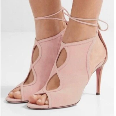 Aquazzura Usado en Excelente Condición Rosa Gamuza Nómada Corte 3.5" Tacón Corbata al Tobillo Zapato 7 EE. UU. 37 UE Foto 1 de 4