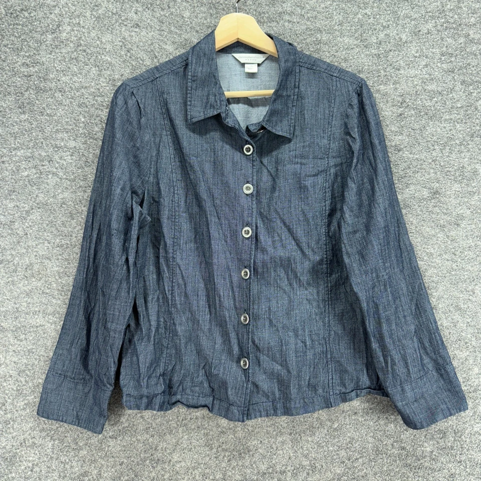 Christopher & Banks Jacket Women PL Petite Blue Denim Dark Wash Button Collared - Image 1 of 4