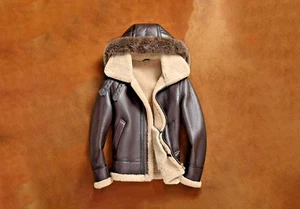 Fur Collar Shearling Jacket – Sheepskin Bomber Sherpa Aviator Jacket - Picture 1 of 5