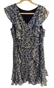 Abito Tommy Hilfiger in chiffon floreale con volant aderente svasato scollo a V blu nero taglia 14 - Foto 1 di 13