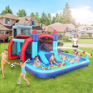 Inflatable Bounce House Water Slide w/580W Blower, Sprinkler, Water Gun for Kids - Picture 1 of 13