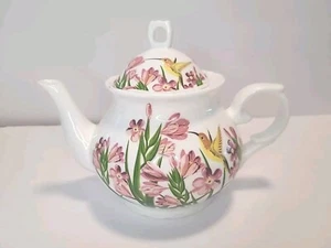 Teiera ceramica Freesia 7 in giallo colibrì fiori rosa verde bianco dipinto - Foto 1 di 9