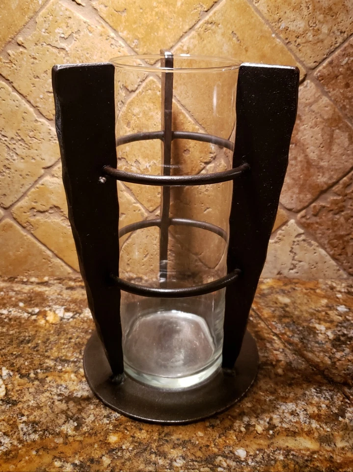 MCM Welded Metal with Glass insert Candle Holder or Vase Art Deco 9.25" H Rustic - Image 1 of 4