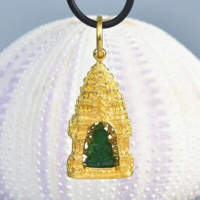 Buddha Image Gold Vermeil Sterling Pagoda Green Chalcedony Pendant Amulet 9.46g - Image 1 of 4