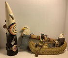 Zestaw 3 szt., ceramiczny tomahawk, kajak ze zwierzętami i drewniana dekoracja rogu.
