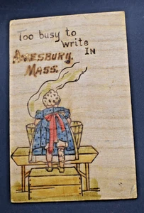 1908 Too Busy to Write in AMESBURY Mass...Wood Postcard Pyrography *Undivided* - Picture 1 of 4
