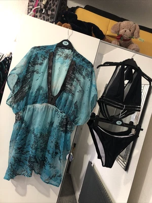 Atmosphere Size 10 Blue/Black Embellished Cover-Up & Shein Size M Black Bikini - Image 1 of 4