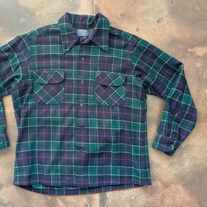 Vintage 70s Pendleton Tartan Plaid Wool Loop Collar Board Shirt Size L USA Made - Picture 1 of 12