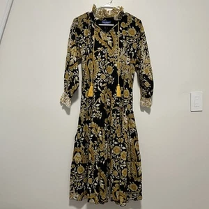 Ro's Garden NWT Gaia Floral Print Black Yellow Long Sleeve Midi Tassel Dress - Picture 1 of 10