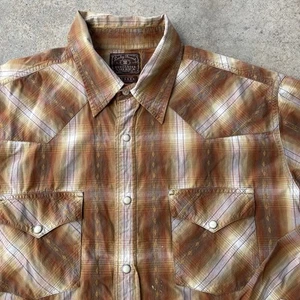 Vtg Y2K 00s Lucky Brand Orange Plaid Pearl Snap Shirt Collared XL Western - Picture 1 of 10