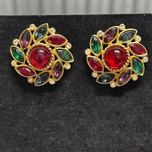 Monet Gold Tone Jewel Tone Stud Earrings Red Green Purple Blue Cabochon Cluster - Picture 1 of 7