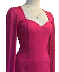 GUESS Sweetheart Neck Pencil Short Dress Mesh Langarm Bodycam Stretch Pink M - Bild 1 von 10