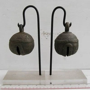 RUSTIC Set of 2 Old Karen Hill Tribe Bronze Round Elephant Bell 2 FREE STANDS - Picture 1 of 4