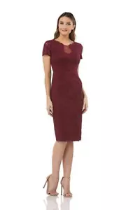 JS COLLECTIONS Dark Berry Red Lace Illusion Sheer Yoke Faux Wrap Sheath Dress 6 - Picture 1 of 8