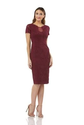 JS COLLECTIONS Dark Berry Red Lace Illusion Sheer Yoke Faux Wrap Sheath Dress 6 - Image 1 of 4