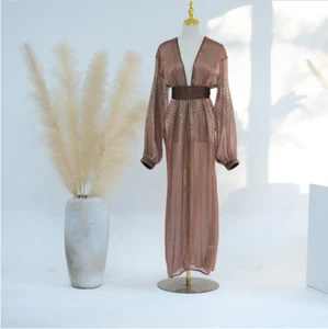 Dubai Mesh Cardigan With Inner Dress Muslim Islamic Abaya Kaftan Ethnic Gown - Picture 1 of 28
