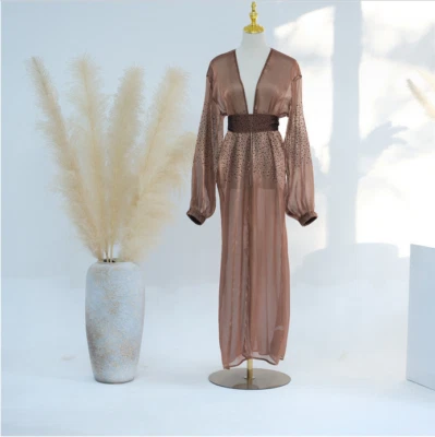 Dubai Mesh Cardigan With Inner Dress Muslim Islamic Abaya Kaftan Ethnic Gown - Image 1 of 4