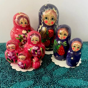 Lot x 2 Matryoshka Nesting dolls hand painted authentic Russian 5 Red & 3 Purple - Picture 1 of 2
