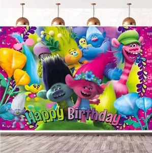 Trolls Theme Happy Birthday Backdrop 5x3.5ft,for Kids Birthday Party Decoration - Picture 1 of 6