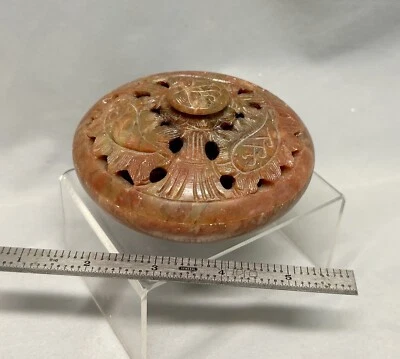 SOAPSTONE ROUND INCENSE BURNER CUTOUTS TRINKET BOX BEAUTIFUL - Image 1 of 4