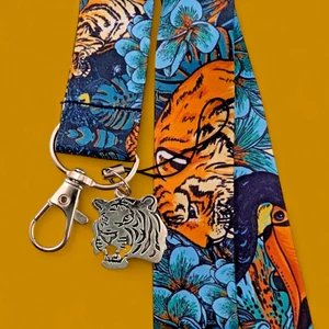 TROPICAL JUNGLE LANYARD tiger charm key ring passport ID badge neck strap 3Y - Picture 1 of 4