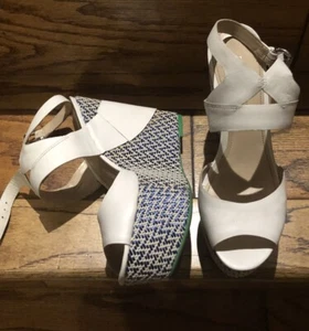 RARE Enzo Angiolini 9 Platform Wedges Ankle Strap Shoes Sandals White Turquoise - Picture 1 of 12