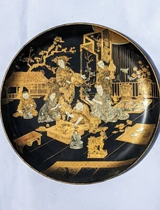 Antique Japanese Lacquer Hand Painted Gilt Plate With Samurai & Geisha Scene 19C - Picture 1 of 12