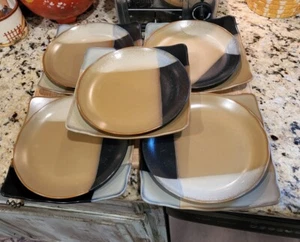 10 SANGO #5022 Gold Dust Black 8" Square Salad & 8" Lunch Plate Ripple Edged - Picture 1 of 10