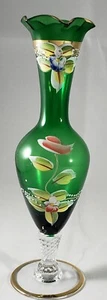 Bohemian 8" Bud Vase Green Art Glass Gold Trim Hand Painted EUC - Picture 1 of 7