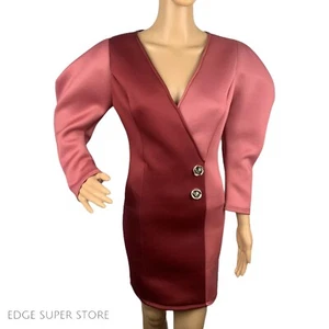 Womens Long Sleeve Neoprene Scuba Fabric Retro 80’s Red Pink Dress Size Large - Picture 1 of 6