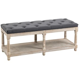 Vintage Grey Linen Tufted Storage Bench with Lower Shelf, Wooden Frame - Picture 1 of 9