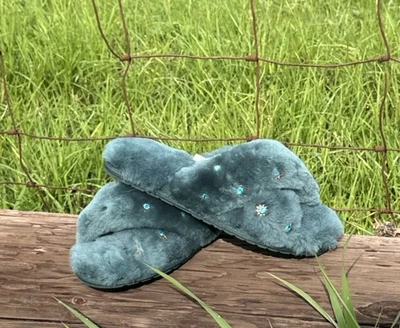 NWT EMU Anthropologie Australia Wool Fleece Rhinestone Teal Mayberry Slippers  8 - Image 1 of 4