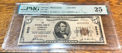 1929 $5 National Currency Adrian, Minnesota PMG 25, One of Six Known!! CHRC - Image 1 of 2