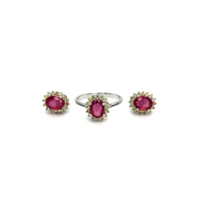 925 Silver 2 Piece Set With Earrings and Ring with Ruby and sapphires. - Image 1 of 4