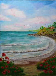 Art 12"/16" Oil painting, Seascape , Flowers Landscape, Stretched canvas - Picture 1 of 6