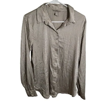 Blusa para mujer H&M talla mediana con botones satinada crema negra patrón de diamantes Foto 1 de 4