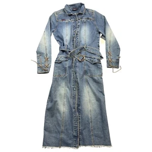 Vintage US Polo Assn Denim Dress Womens Large Blue Frayed Hem Belted Snap Front - Picture 1 of 11
