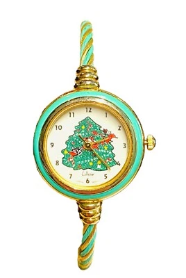 Collezio Watch Green & Gold Tone Christmas Tree Twisted Band Bangle Bracelet EUC - Изображение 1 из 4