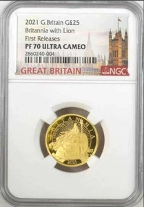2021 UK Britannia with Lion £25 1/4oz Gold Proof Coin NGC PF70 UC FR - POP 10 - Picture 1 of 11