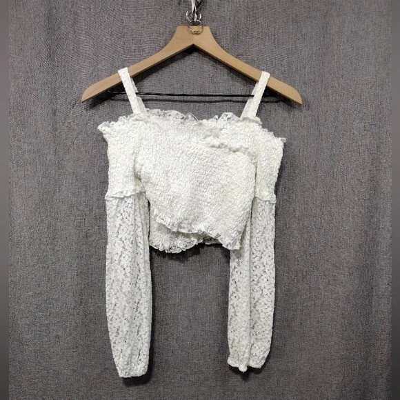 Zara Lace Sleeve Cris Cross Smocked Top Kids 13/14 White Fairy Retro 90s Y2K - Image 1 of 4