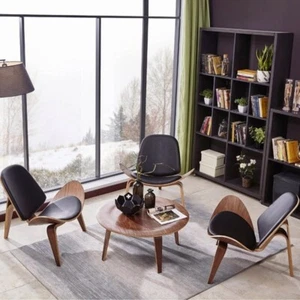 Hans Wegner Mid Century Shell Lounge Chair Full Leather Walnut Solid Wood Chair - Picture 1 of 13