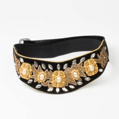 Vintage Embellished 3.5" Wide Black Leather Belt Salena's Gilt Costume Stones - Image 1 of 4