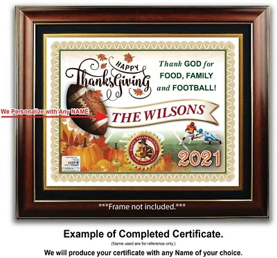 CERTIFICADO DE ACCIÓN DE GRACIAS PERSONALIZADO - Fútbol Comida Familia Dios Calabaza - REGALO Foto 1 de 2