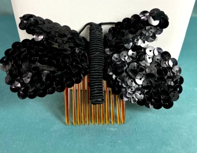 Peine de pelo eduardiano negro lentejuelas mariposa accesorio bola de cóctel Foto 1 de 4